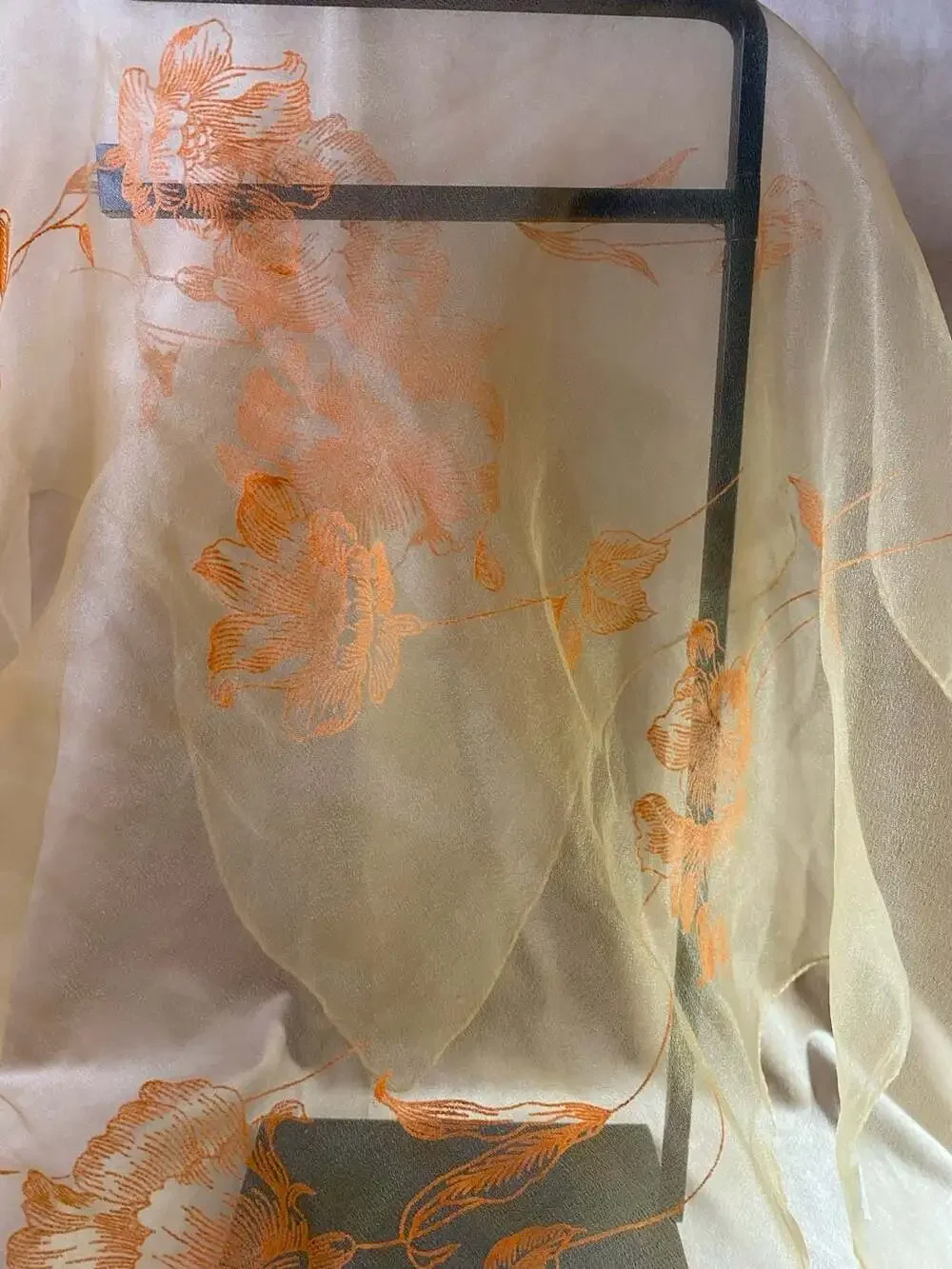 Vintage Floral Embroidered Nylon and Rayon Sheer Scarf